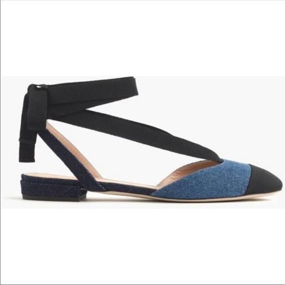 J.Crew denim black cap toe grosgrain ribbon lace up slingback flats